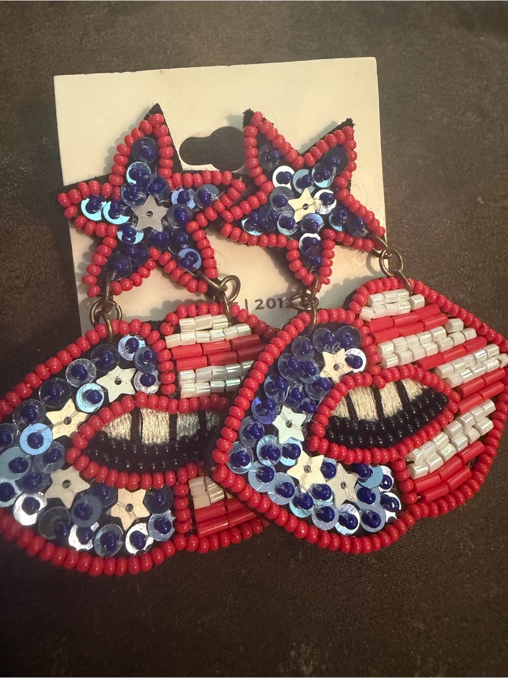 Beaded Star & Lip Statement Earrings - Red, Blue, White